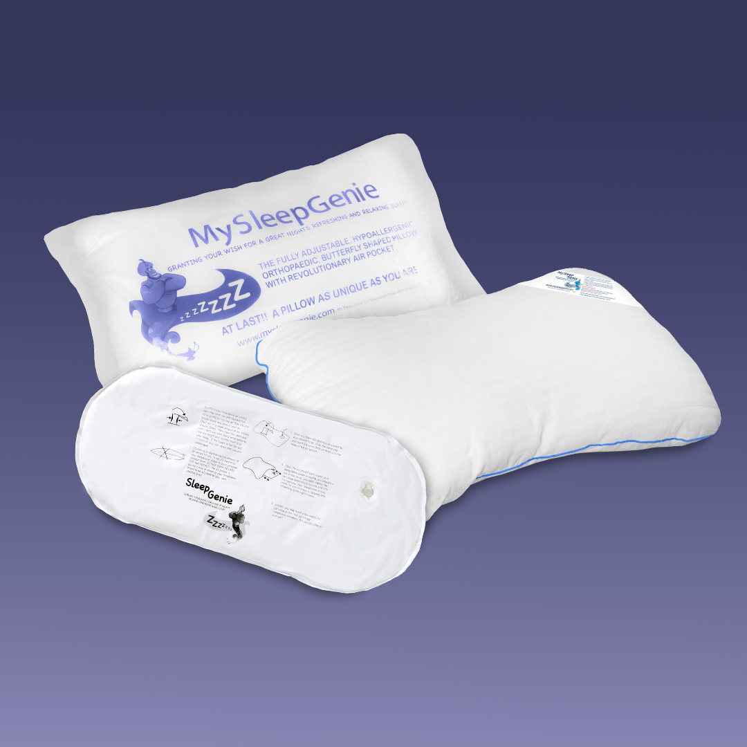 White pillow with 'My Sleep Genie' branding on a purple background