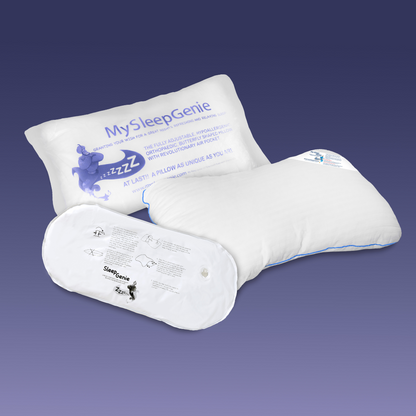 White pillow with 'My Sleep Genie' branding on a purple background